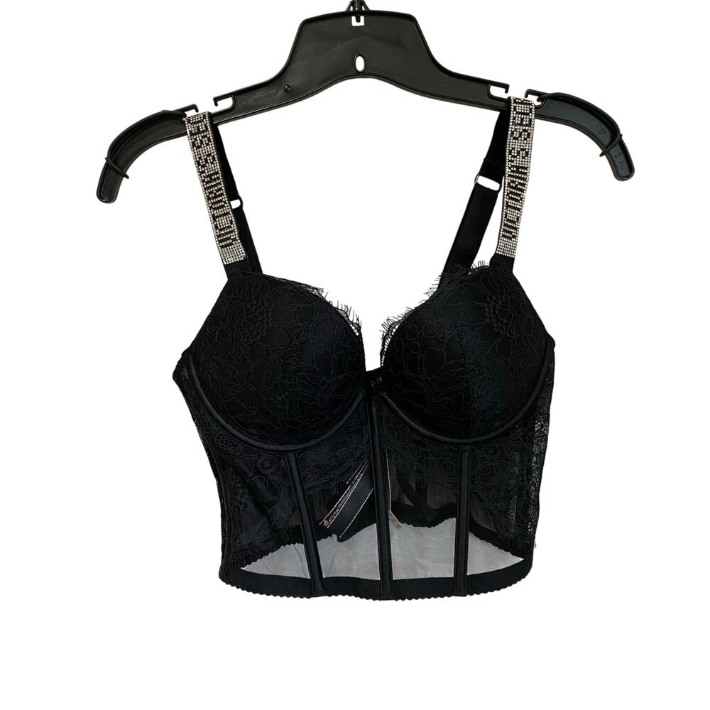 Victoria Secret Black Rhinestone Strap Lingerie Pushup Corset Bra Top 32C NWT